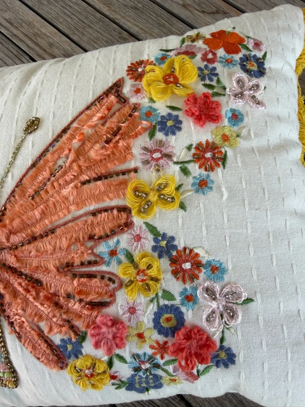 Sonoma Beaded Butterfly Embroidered Accent Pillow Set Colorful Fringe 14x20 GUC